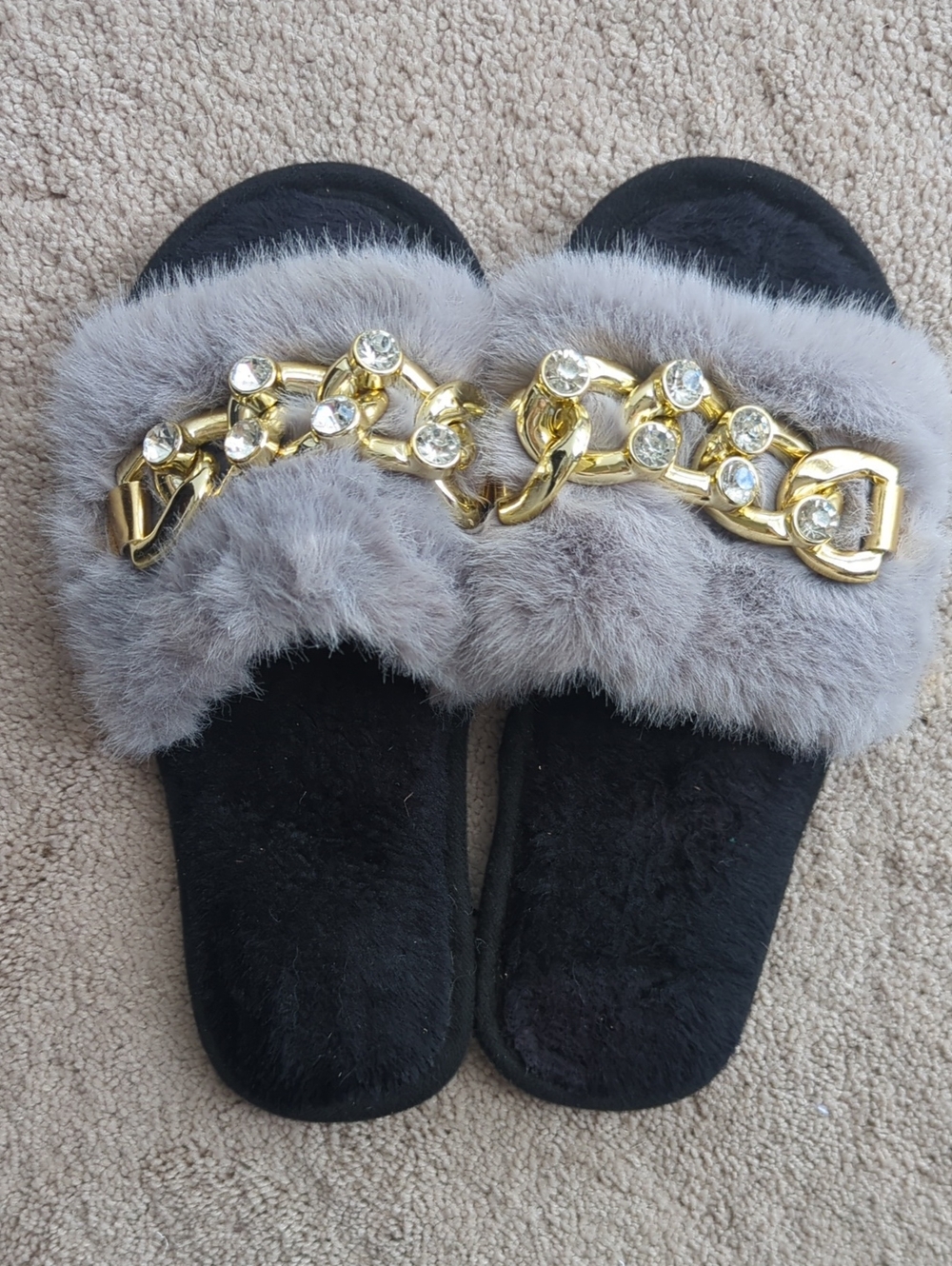 Faux Fur Slide Sandals with Gold Chain and Rhinestones - Gray